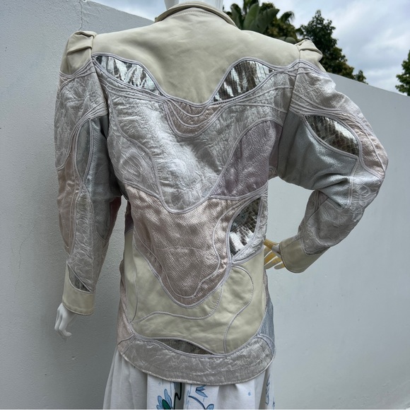80s Cream & Silver Leather Patchwork Blazer Coat - Picture 4 of 14